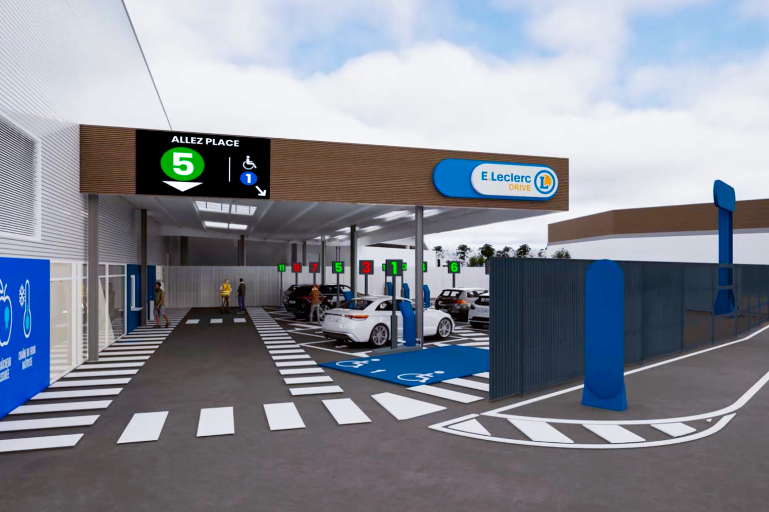 Totem numérique avec écran LED Driv’Up installé au E.Leclerc Drive, présentant l’affichage digital de Vega France pour le point de retrait des commandes.