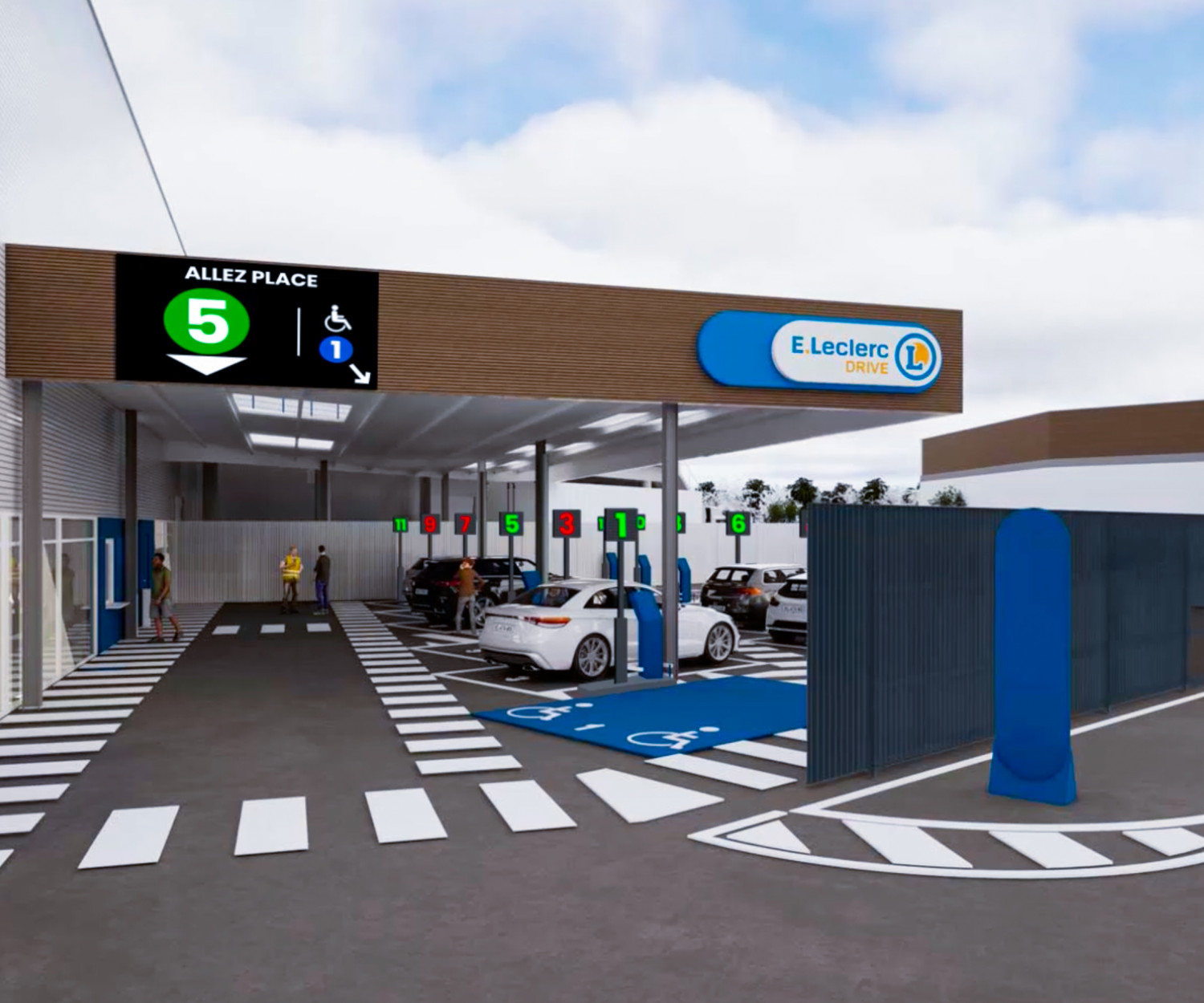 Totem numérique avec écran LED Driv’Up installé au E.Leclerc Drive, présentant l’affichage digital de Vega France pour le point de retrait des commandes.